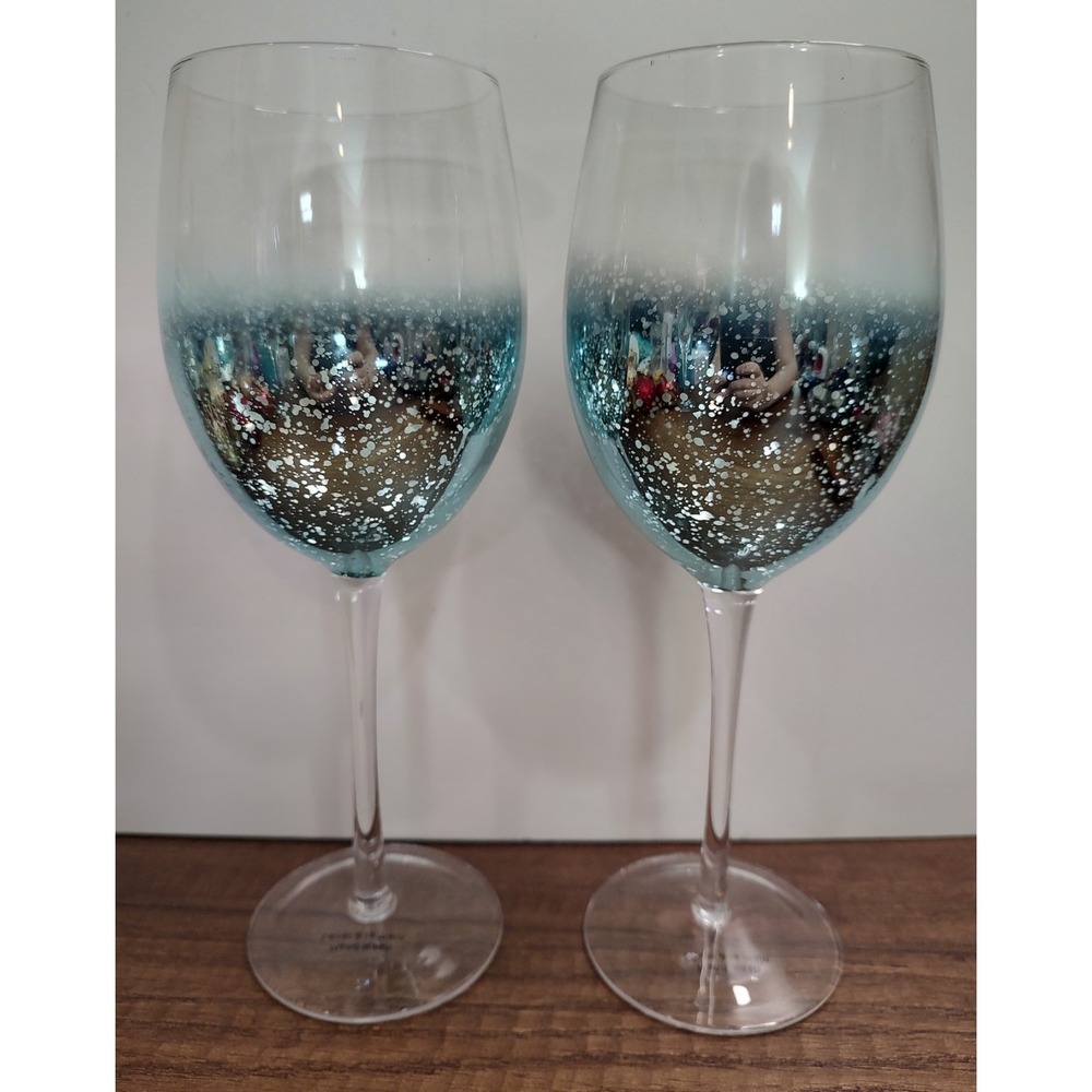 Modern Teal Blue Speckled Wine Glasses Set Of 2 9.25 Inches Tall